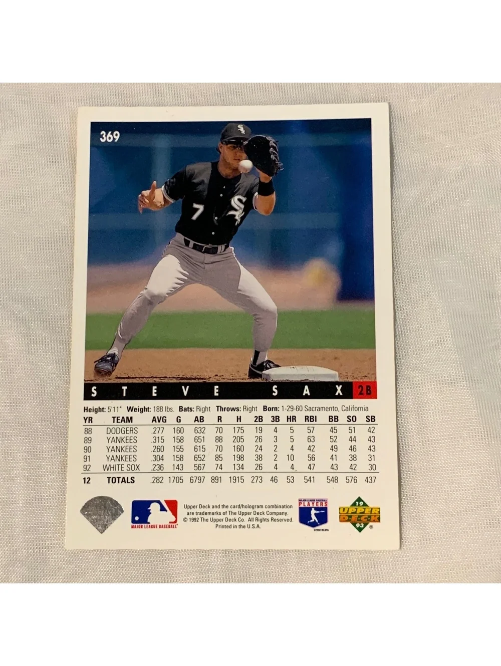 1993 Upper Deck Baseball #369 Steve Sax Chicago White Sox MLB Card